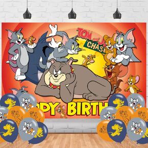 Tom and Jerrys Birthday Party Backdrop, Cartoon Tom Cat Birthday Party Decoration,Cartoon Birthday Banner Shoot Photo Backgrounds Props for Party 5x3ft