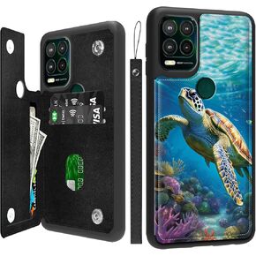 for Moto G Stylus 5G Case 2021,Motorola Moto G Stylus 5G 2021 Case Wallet with Card Holder & Wrist Strap Flip Leather Kickstand Card Slots,Double Magnetic Clasp Cover,Tropical Sea Turtle