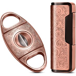 Cigar Cutter and Lighter Set Sharpening Blade V Cut and Retro Carved Lighter(Rose Gold)