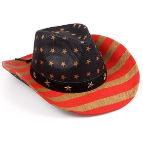 USA Cowboy Hats American Flag Hat Vintage Western Straw Cowboy Hat Wide Brim Hats Party Decoration Costumes Beach Sun Visor for Men Women