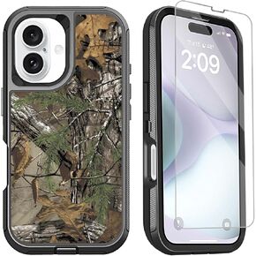 Compatible with iPhone 16 Phone Case with Screen Protector 3-Layer Full Body Shockproof Heavy Duty Protective Case for iPhone 16 Men Boys, Camouflage
