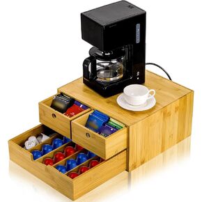 SOUJOY Coffee Bar Organizer for Countertop with drawer, 2-Tier Bamboo Drawer Organizer for Coffee Pod, 9 Dividers K Cup Storage Station for Tea Bag, Kitchen Office Break Rooms