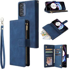 LBYZCASE Phone Case for Motorola Edge|2021|,Motorola Edge(2021) Wallet Case,Luxury Folio Flip Leather Cover[Zipper Pocket][Wrist Strap][Kickstand] for Motorola Edge 2021 (Blue)