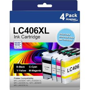 LC406XL LC406 Ink Cartridges for Brother Printer Compatible with Brother MFC-J4335DW Ink Work for MFC-J5855DW MFC-J6555DW MFC-J4535DW Printers (4 Pack, Black Cyan Magenta Yellow)