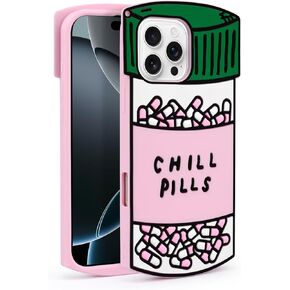 Cute Case Compatible with iPhone 16 Pro Max Chill Pills Case, Girly Capsule Bottle Shape, 3D Soft Silicone Heavy Duty Protection Shockproof Cases Cover for Girls Women