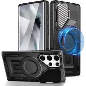 Magnetic for Galaxy S22 Ultra Case, Compatible with Magsafe [Camera Lens Protector] with Kickstand Heavy Duty Shockproof Military Grade Phone Case for Samsung Galaxy S22 Ultra Case (Black)