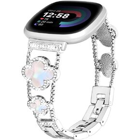 for Metal Bands, Compatible with Fitbit Versa 4/Versa 3/Fitbit Sense 2/Sense Band Smart Watch, Diamond Four Leaf Clover Stainless Watch Strap for Women for Versa 3 4 Sense 2 Smartwatch