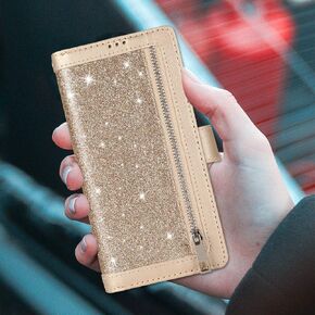 Bling Wallet Phone Case for iPhone 13 Pro, Glitter Sparkly Leather Flip Folio Zipper Kickstand Protective Case Book Cover with 9 Card Holder Wrist Strap for iPhone 13 Pro 6.1 Inch, Gold