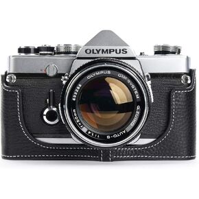 OM-4 Case, BolinUS Handmade Genuine Real Leather Half Camera Case Bag Cover for Olympus OM-1 /1N OM-2/2N OM-3/3Ti OM-4/4Ti (No Handle) Camera with Hand Strap (Black)