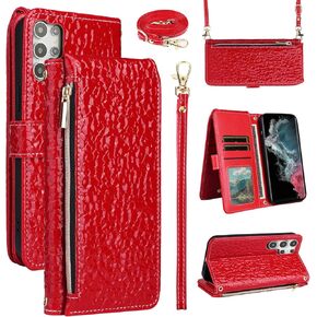 Luxury Wallet Case for Samsung Galaxy S22 Ultra 5G with Wrist Strap Shoulder Strap Zipper Purse, Sparkly Pleated Pattern Card Holder Stand Phone Cover for S22ultra 22S S 22 S22ultra5g 6.8 Red