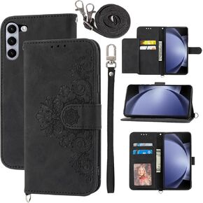 Wallet Case for Samsung Galaxy Z Fold 6 5G 2024 with Wrist Strap Crossbody Shoulder Strap, Embossed Leather Flip Credit Slim Card Holder Stand Cover for ZFold6 Z6 G Fold6 6Z Women Girls Black