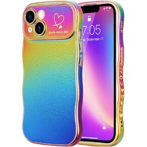 LCHULLE for iPhone 16 Pro Max Case for Women Girls, Cute Colorful Wave Frame Curly Shape with Love Heart Camera Protection Cover Luxury Plating Shockproof Phone Case for iPhone 16 Pro Max, Dark Purple