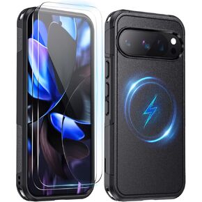 Lanhiem Magnetic for Pixel 9/9 Pro Case with 2 Tempered Glass Screen Protector, Mil-Grade Shock Absorption, Anti-Scratch Shockproof Case Cover for Google Pixel 9 / 9Pro 6.3 inch, Obsidian Black