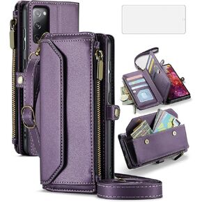 Asuwish Phone Case for Samsung Galaxy S20 FE 5G 6.5 inch Zipper Wallet Cover with Screen Protector Flip RFID Blocking Card Holder Cell S 20 EF UW S20FE5G S20FE 20S S2O Fan Edition 4G G5 Women Purple