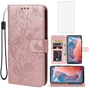 Case for Moto G Play 2024 4G/Moto G Play Gen 3 Wallet Case with Tempered Glass Screen Protector, Leather Flip Credit Card Holder Stand Phone Cover for Motorola Moto G Play 2024 4G Rose Gold