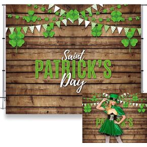 10x8ft Saint Patrick's Day Backdrop Rustic Wood Plank Photography Background Green Four Leaf Clover Flag Backdrop Festival Celebration Decoration Background Irish Carnival Photo Booth