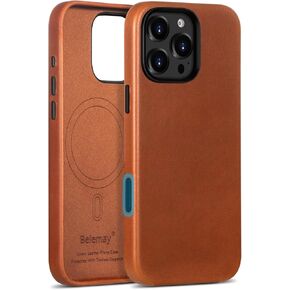 Belemay Leather Case for iPhone 16 Pro Max, Compatible with MagSafe [Camera Control Button] [Luxury & Classy] Premium Full-Grain Vegetable-Tanned Leather, Rich Patina, Secure Grip (6.9") Saddle Brown