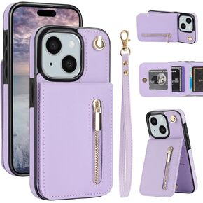 Case for iPhone 15 Wallet with Card Holder,RFID Blocking Protective Cover for Women,PU Leather Lanyard Strap Wristlet Zipper Pocket Kickstand Flip Case for iPhone 15-Voilet