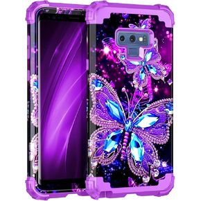 Miqala Compatible with Galaxy Note 9 Case,Glow in The Dark Three Layer Heavy Duty Shockproof Protection Hard Plastic Bumper+Soft Silicone Case for Samsung Galaxy Note 9,Dark Butterfly