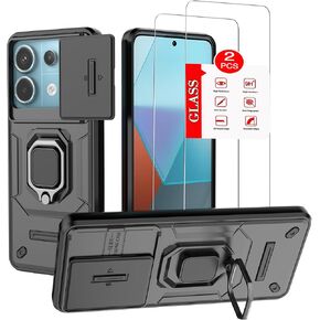 Cellular Phone Case for XiaoMi RedMi Note 13 Pro 5G - Military-Grade Protective Armor, 2 Pack Tempered Glass Screen Protector, Magnetic Kickstand (Black)