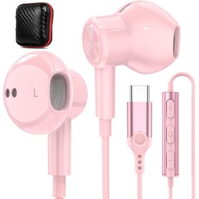 USB C Headphones Magnetic USB-C Wired Earbuds HiFi Stereo Type C Earphones Microphone Volume Control for iPad 10,iPhone 16 15 Plus,Samsung Galaxy,Google Pixel,Motorola Edge/Razr,Oneplus,Pink