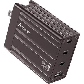 Acoucou 100W USB C Charger, 4-Port Fast Charger, GaN Charging Block for MacBook Pro/Air, Google Pixelbook, ThinkPad, Dell XPS, iPad Pro, Galaxy S23/S22, iPhone 15/14/Pro, and More (Dark Bronze)