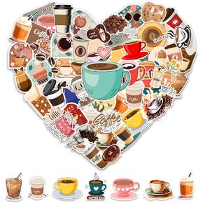 Unique Coffee Stickers Pack 50pcs - Vinyl Waterproof Coffee Stickers for Water Bottles Planners Laptops Kindles, Funny Cafe Mug Stickers for Scrapbooking DIY Coffee Shop Scene Mug Decoration