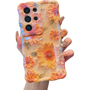 XIZYO Case for Samsung Galaxy S24 Ultra, Colorful Retro Oil Painting Flower Cute Floral Aesthetic Curly Wave Frame Laser Glossy Reflective Exquisite Stylish Cover Girly Women-Sunflower/Yellow