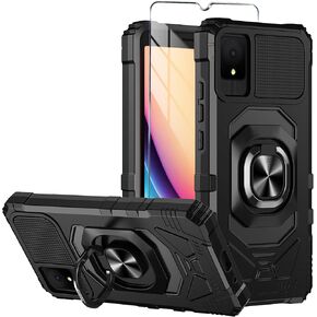 for TCL K11 Phone Case with Tempered Glass Screen Protector,Military Grade Heavy Duty Shockproof Protective Cover,with Ring Kickstand for TCL K11 (Black)