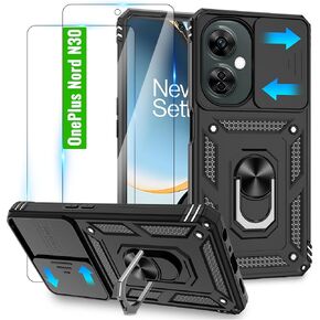 for OnePlus Nord N30 5G Case with 2 HD Screen Protector & Slide Camera Cover, 360° Rotation Ring Kickstand [Military Grade] Case for OnePlus Nord N30 5G, Black