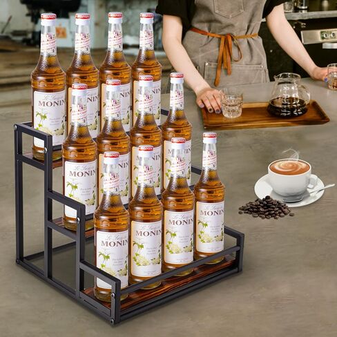 منظم شراب القهوة ثلاثي المستويات ، الخشب والمعادن ، 12 رفوف تخزين الزجاجة لمحطة القهوة المطبخ in Kuwait