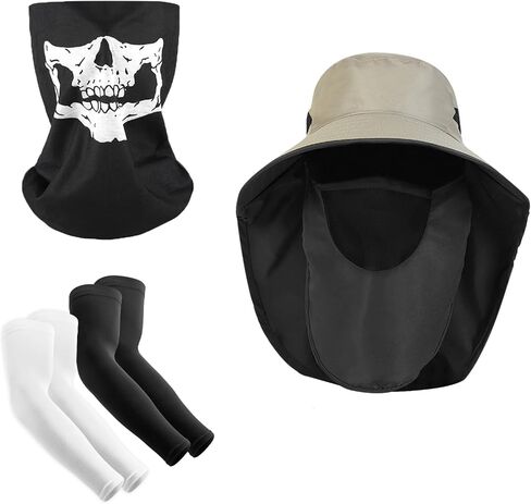Fishing Hat for Men Women, UV Sun Protection Face Mask Cooling Arm Sleeves Neck Gaiter Wide Brim Hat with Face Cover and Neck Flap Khaki in Kuwait