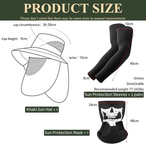 Fishing Hat for Men Women, UV Sun Protection Face Mask Cooling Arm Sleeves Neck Gaiter Wide Brim Hat with Face Cover and Neck Flap Khaki in Kuwait
