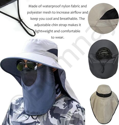 Fishing Hat for Men Women, UV Sun Protection Face Mask Cooling Arm Sleeves Neck Gaiter Wide Brim Hat with Face Cover and Neck Flap Khaki in Kuwait