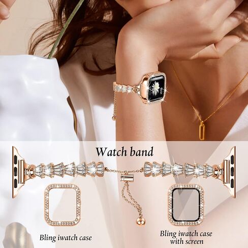 Unique bands and Case Compatible with Apple Watch Bands 38mm 40mm 41mm 42mm 44mm 45mm, Women Jewelry Bracelet with 2 Pack PC Protective Cover For iwatch Series 9/8/7/6/5/4/3/2/1/SE in Saudi Arabia