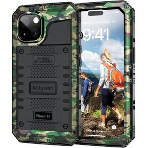 Mitywah Waterproof Case for iPhone 15, Heavy Duty Shockproof Case with Built-in Screen Protector, Full Body Underwater Protective Metal Case 6.1 inch, Camouflage