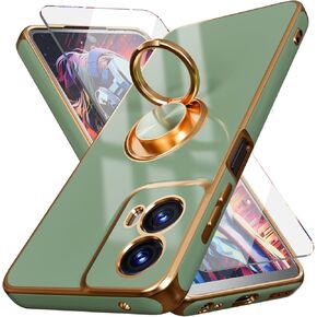 for Moto G 5G 2024 Case,+Screen Protector,with Magnetic Kickstand,Built-in 360° Rotation Ring Holder,Plating Gold Edge Slim Soft TPU Shockproof Protective Case for Motorola Moto G 5G 2024 (Mint Green)