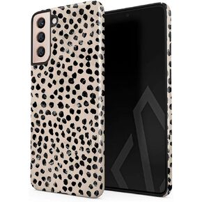 BURGA Phone Case Compatible with Samsung Galaxy S21 Plus - Hybrid 2-Layer Hard Shell + Silicone Protective Case -Black Polka Dots Pattern Nude Almond Latte - Scratch-Resistant Shockproof Cover