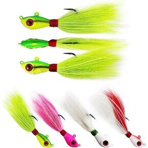 Glow Bucktail Jigs with UV Silicone Skirt, Big Eye Bucktail Fishing Jigs Surf Fishing Hair Jig for Bass Flounder Fluke Striper 1/2oz 3/4oz 1oz 1-1/2oz