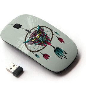 [ Optical 2.4G Wireless Mouse [ Dream Catcher Owl Art Turquoise Red Drawing ]