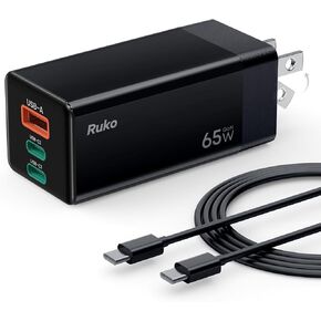 Ruko 65W USB C Charger ، 3 Port Compact Compact Gan Fast Charging Clock Charger for Macbook ، Galaxy ، Dell ، Note ، iPhone ، iPad ، Pixel والمزيد (4ft USB-C إلى كابل USB-C)