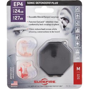 SureFire EP4 Sonic Defenders Plus filtered Earplugs, triple flanged design, reusable, Clear, Medium
