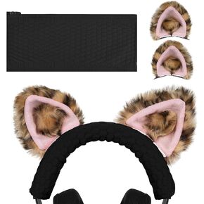 Geekria NOVA Knit Fabric Headband Cover + Cat Ears Attachment Compatible with Razer, SteelSeries, HyperX, Sennheiser, Astro, Sony, Logitech, ATH Headphones, Sweat Cover (Leopard Print Pink)
