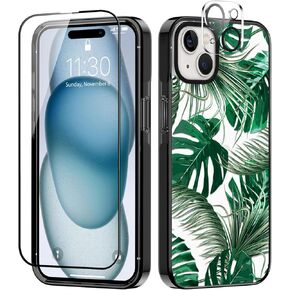 Designed for iPhone 15 Case Green Tropical Palm Leaves Protective Phone Case Cover 6.1" Screen Protector + Camera Lens Protector【2X Military Grade Drop Tested / 6.6ft Drop Protection】