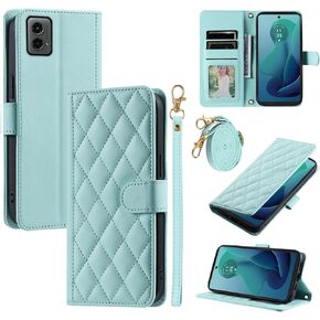 Argyle Wallet Case for Motorola Moto G 5G 2024 with Detachable Wrist Strap Shoulder Strap Card Slot Folio Purse, Luxury PU Leather Stand Accessories Cell Phone Cover for G5G G5 Women Men Mint