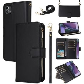 Wallet Case for Motorola Moto G Stylus 5G 2023 with Crossbody Shoulder Strap Leather Flip Zipper Purse Card Holder Slots Protector Stand Accessories Phone Cover GStylus G5 XT2317DL Girls Black