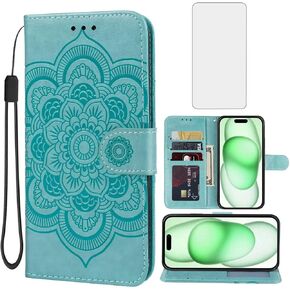 Case for iPhone 15 Case 6.1", Apple 15 Wallet Case with Tempered Glass Screen Protector, Mandala Leather Flip Credit Card Holder Stand Phone Cover Cases for iPhone 15 Green