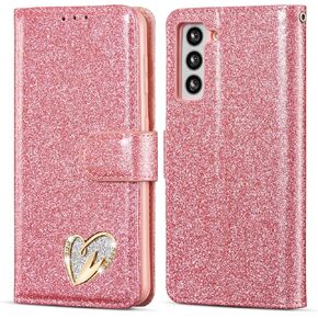QLTYPRI Case for Samsung Galaxy S24, Bling Shiny Glitter Flip Folio Case Full-Body Protective Cover Card Slots Magnetic Closure Kickstand Wrist Strap for Women Girls S24 - Pink