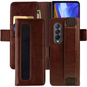 MONASAY Wallet Case Compatible for Galaxy Z Fold 4 5G with S Pen Holder, Flip Folio Leather Cell Phone Cover with RFID Blocking Credit Card Holder, Brown