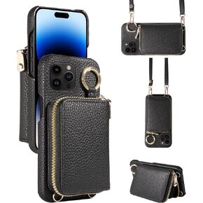Wallet Case for iPhone 14 Pro Max 6.7 inch with Shoulder Strap Ring Buckle, Zipper Flip Organ Purse, Card Holder Stand Phone Cover for iPhone14promax 5G i Phone14Max Plus iPhone14 ProMax Black